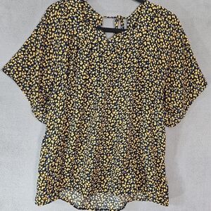 Knox Rose Womens Large Boho Shirt Yellow Black Bell Sleeve Crewneck Lagenlook